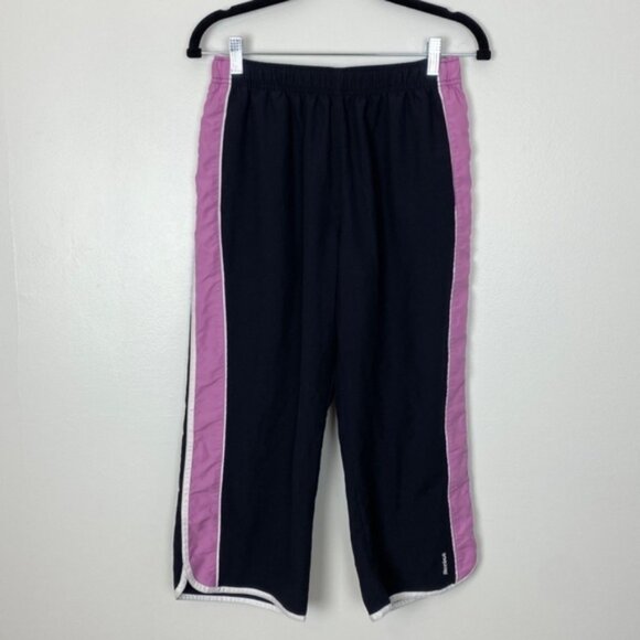 Reebok Capris Womens Medium Black Pink Stripe Pockets Drawstring Elastic Waist - Picture 1 of 8